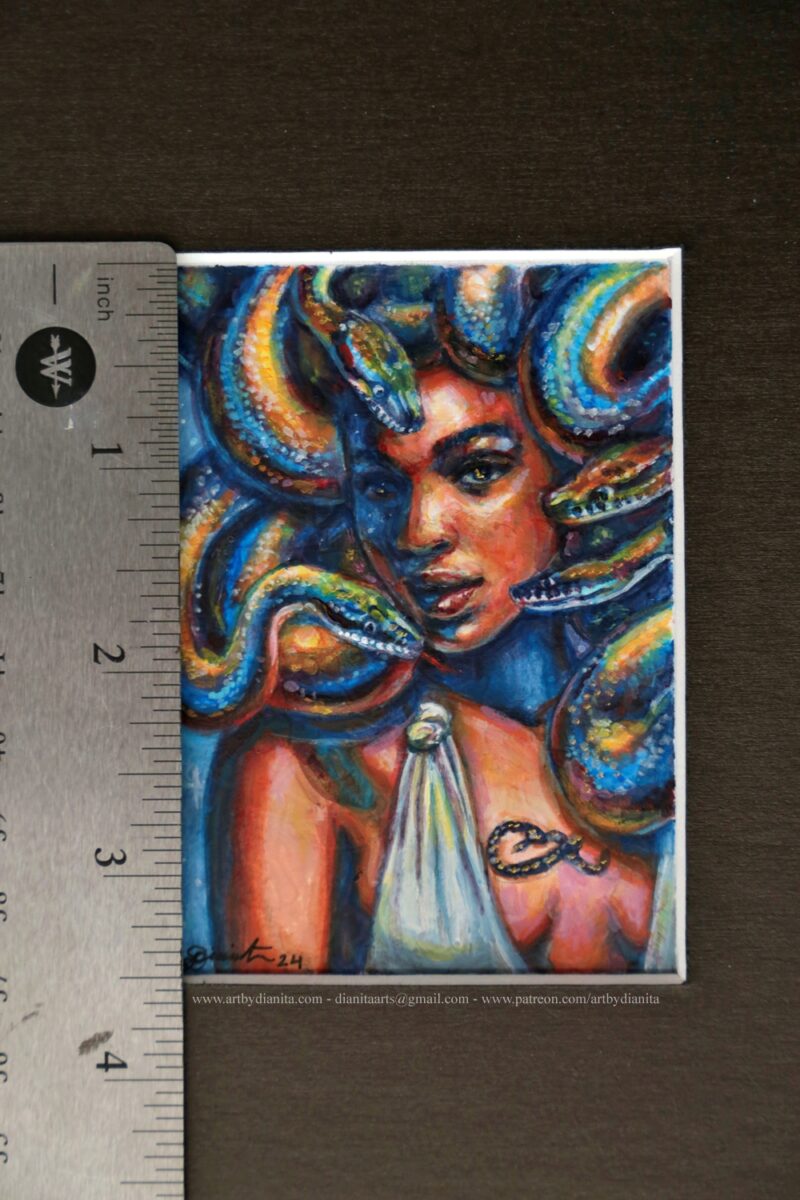 A portrait of Medusa with colorful snakes. Miniature painting. Ruler for scale