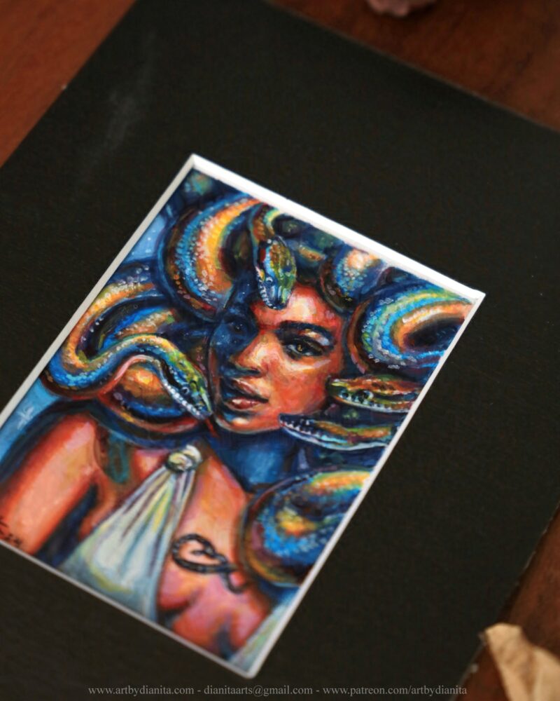 A portrait of Medusa with colorful snakes. Miniature painting.