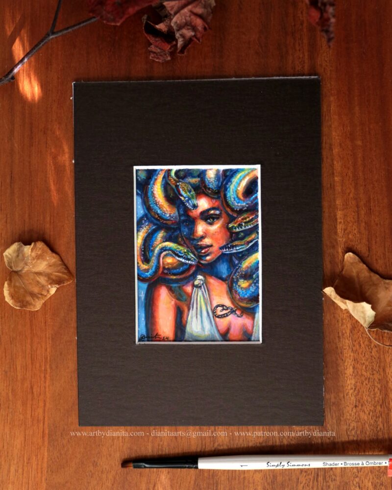 A portrait of Medusa with colorful snakes. Miniature painting.