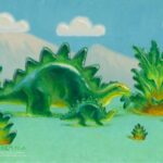 green and yellow gummie candy adult stegosaur eats a gummie candy fern and a gummie candy baby stegosaur looks up under a blue sky with mountains a puffy white gummie candy clouds