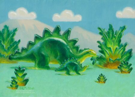 green and yellow gummie candy adult stegosaur eats a gummie candy fern and a gummie candy baby stegosaur looks up under a blue sky with mountains a puffy white gummie candy clouds