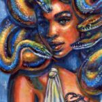 A portrait of Medusa with colorful snakes. Miniature painting.