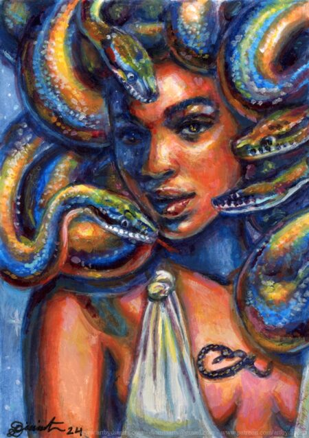A portrait of Medusa with colorful snakes. Miniature painting.