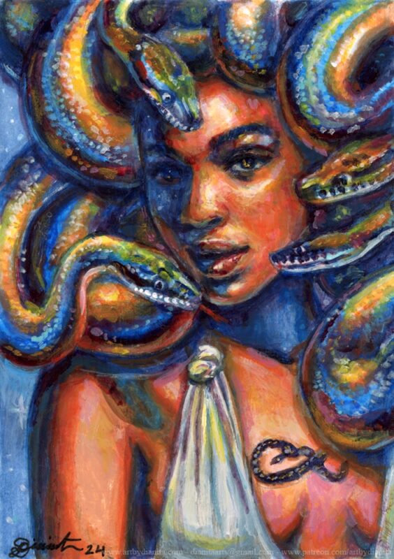 A portrait of Medusa with colorful snakes. Miniature painting.