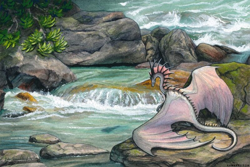 Flat view of the illustration. A white dragon with pink and purple undertones sits on a mossy rock looking at a fish in a blue-green pool of water below a small waterfall surrounded by rocks in a river