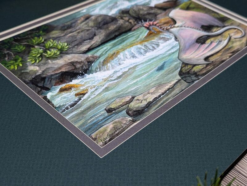 Close up of the corner of the painting with the signature, shows mat colors well