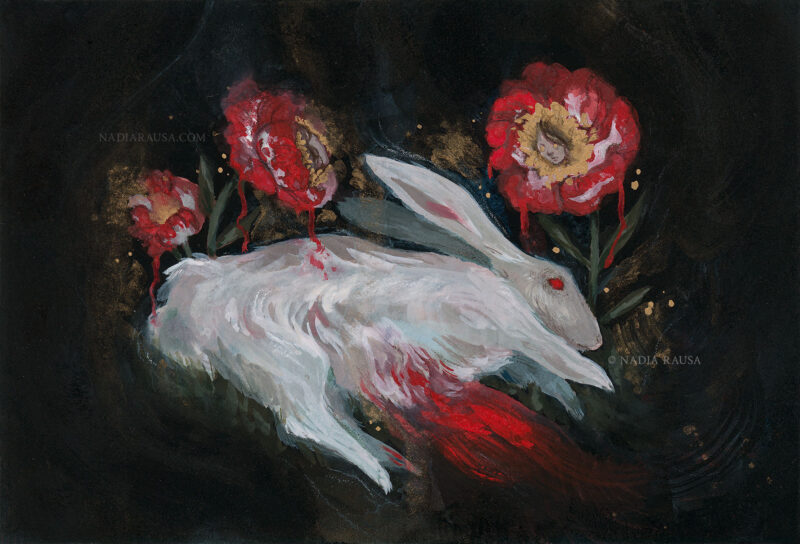 A painting of a rabbit bleeding out with three white roses painted red and gold above the rabbit.