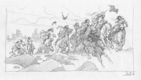 Greg Manchess drawing of charging horses.
