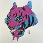 A painting of a pink and blue two tongued tiger. The tiger also has gold leaf on its eyes and teeth.