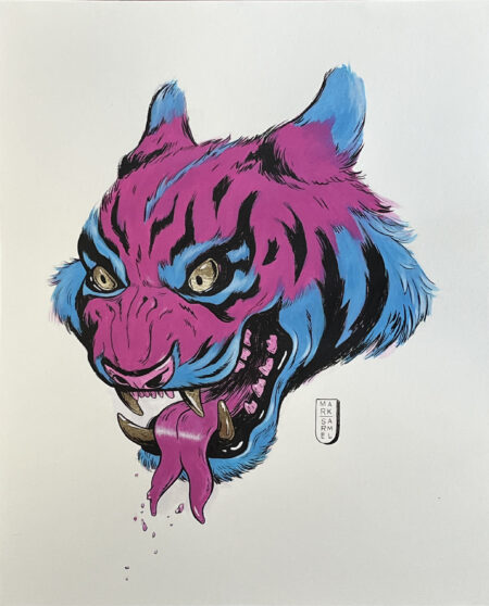 A painting of a pink and blue two tongued tiger. The tiger also has gold leaf on its eyes and teeth.