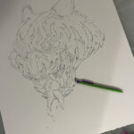 A line drawing of a tiger's face. This tiger is roaring and shows it's huge teeth. The tiger also has a split down the center of its tongue that makes it look as if it has two tongues.