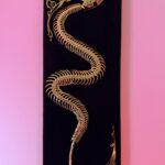 Golden snake skeleton undulates across black velvet
