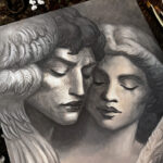 Detail shot of the faces in "Statue Lovers" painting