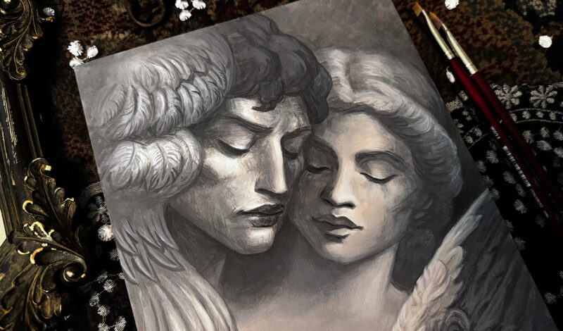 Detail shot of the faces in "Statue Lovers" painting