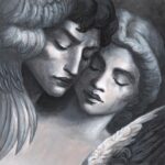 Two cemetery statues with closed eyes, surrounded by their wings, leaning towards each other