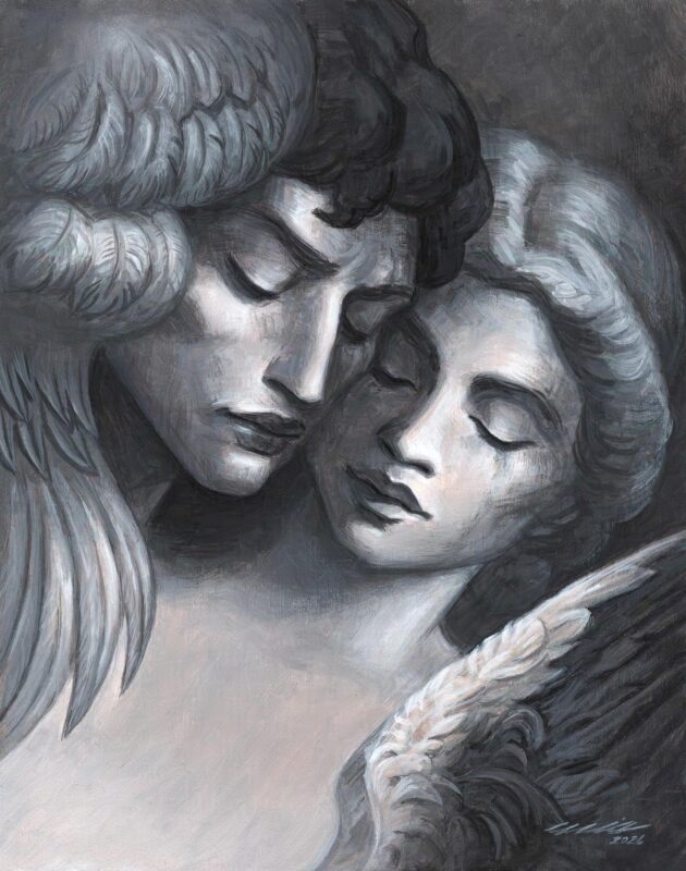 Two cemetery statues with closed eyes, surrounded by their wings, leaning towards each other