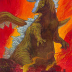 Godzilla standing against a fiery background amongst a town