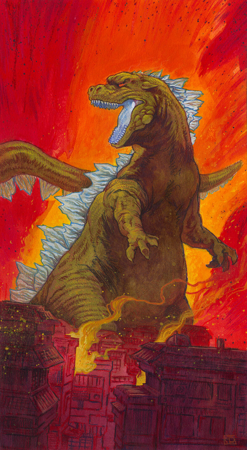 Godzilla standing against a fiery background amongst a town