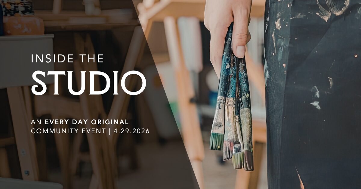 Featured image for blog post of Every Day Original's first community event. A close up image of an artist's hand in the studio holding paint brushes.