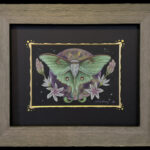 Luna moth in front of moon, star flowers encircling for decor