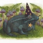 Watercolour painting of a frog with a wizard hat