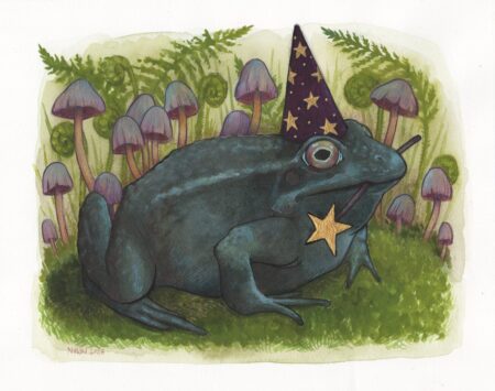 Watercolour painting of a frog with a wizard hat