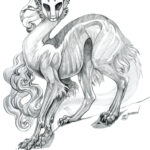 graphite drawing of a strange masked sphinx is with large paws and claws staring at the viewer
