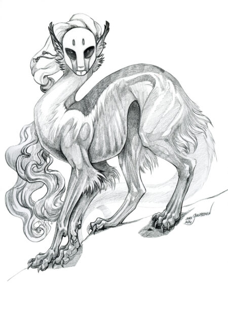 graphite drawing of a strange masked sphinx is with large paws and claws staring at the viewer