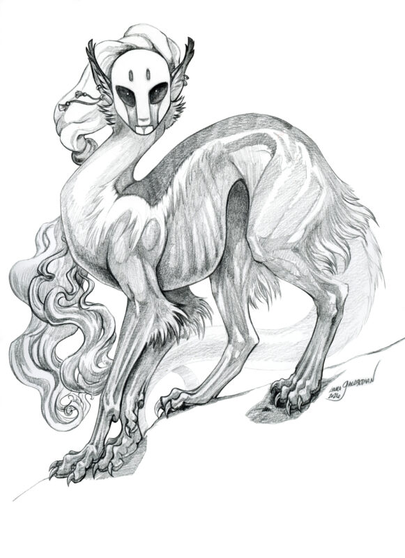 graphite drawing of a strange masked sphinx is with large paws and claws staring at the viewer