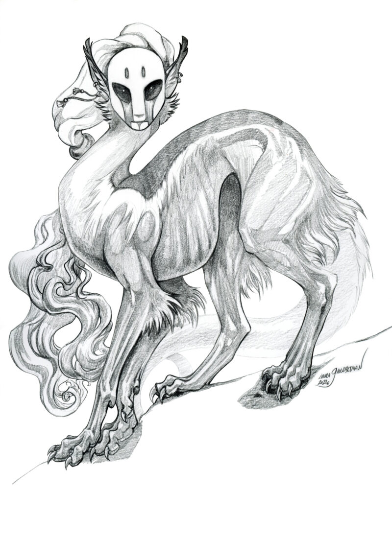 graphite drawing of a strange masked sphinx is with large paws and claws staring at the viewer
