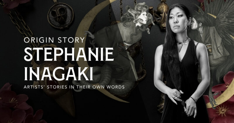 a collage of artwork and jewelry by Stephanie Inagaki with a black and white portrait of the artist overlaid on top. the text says "origin story. Stephanie Inagaki. Artists' stories in their own words."