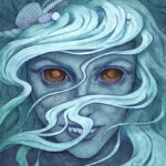 "Siren's Hunger" A blue woman with large fish eyes and sharp teeth stares hungrily at the viewer, with hair wisping in her face