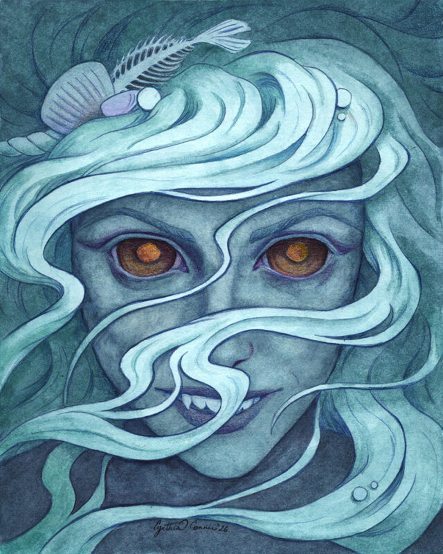 "Siren's Hunger" A blue woman with large fish eyes and sharp teeth stares hungrily at the viewer, with hair wisping in her face