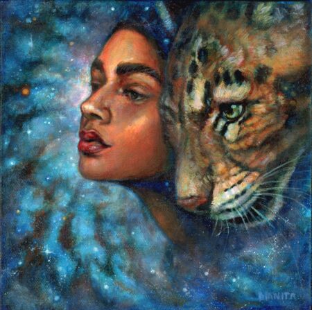 Painting of a woman with a leopard's head next to her. In the background, a weak galaxy shines.