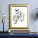 Interior floral poster mock up with vertical wooden frame. Concept with navy blue shelf - in the frame is a graphite drawing of a strange masked sphinx is with large paws and claws staring at the viewer