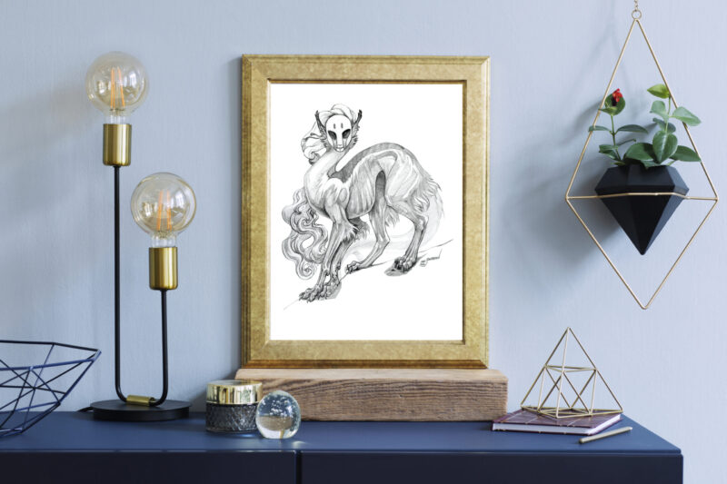 Interior floral poster mock up with vertical wooden frame. Concept with navy blue shelf - in the frame is a graphite drawing of a strange masked sphinx is with large paws and claws staring at the viewer