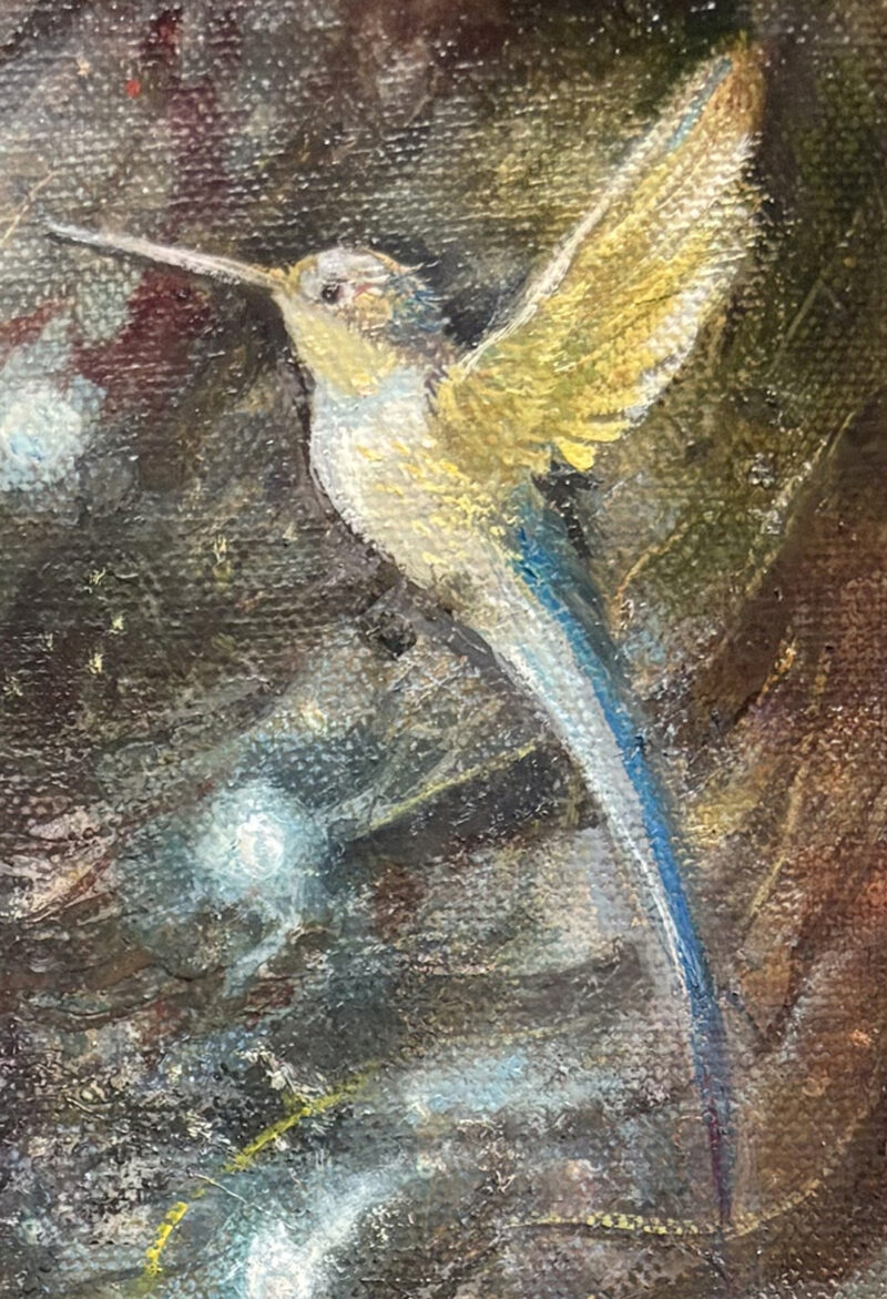 Detail of a hummingbird from the oil painting Celestial Guardian, symbolizing hope, resilience, and spiritual guidance.