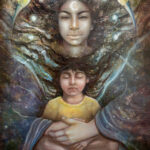 Oil painting of a luminous celestial female figure embracing a child beneath a star-filled cosmos, with two hummingbirds on either side symbolizing hope, resilience, and spiritual guidance.