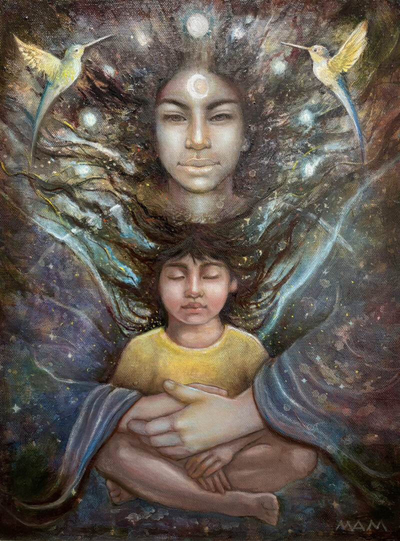 Oil painting of a luminous celestial female figure embracing a child beneath a star-filled cosmos, with two hummingbirds on either side symbolizing hope, resilience, and spiritual guidance.