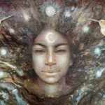 Close-up detail of the celestial female figure in Celestial Guardian, an oil painting showing her luminous form and protective embrace within a cosmic scene.