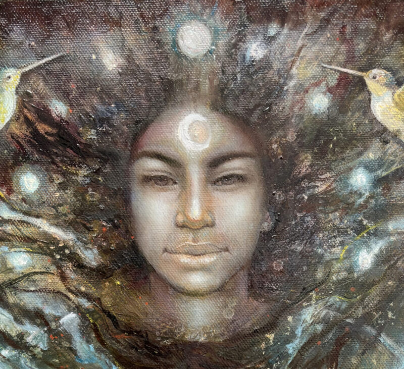 Close-up detail of the celestial female figure in Celestial Guardian, an oil painting showing her luminous form and protective embrace within a cosmic scene.