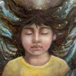 Close-up detail of the child in Celestial Guardian, an oil painting showing the child held within a protective celestial embrace.
