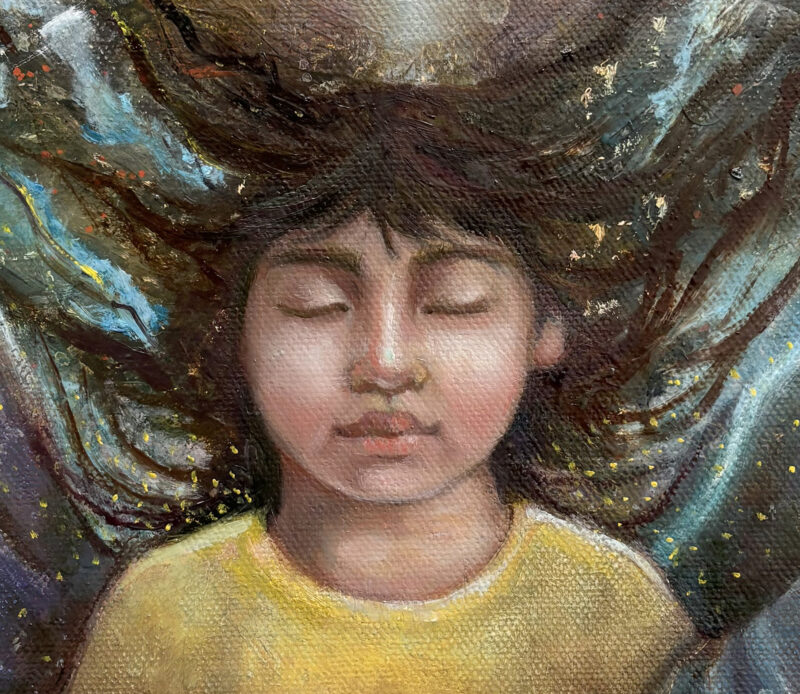 Close-up detail of the child in Celestial Guardian, an oil painting showing the child held within a protective celestial embrace.