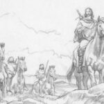 Drawing of Irish king, Brian Baru, on horseback.