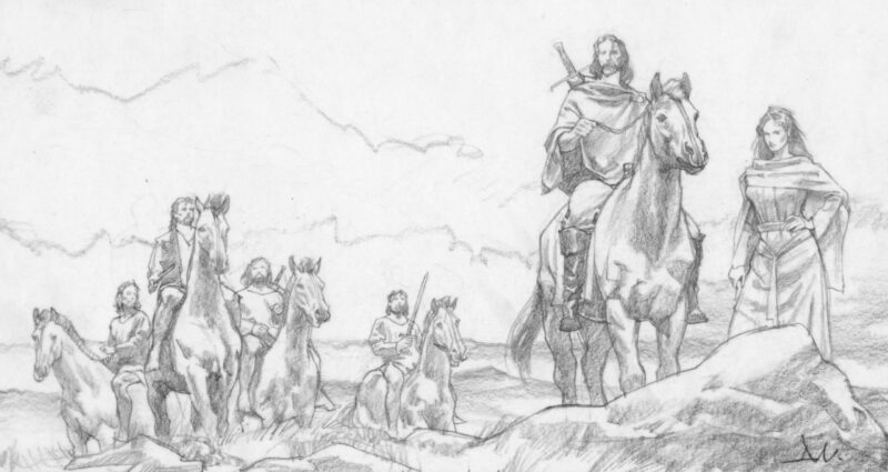 Drawing of Irish king, Brian Baru, on horseback.
