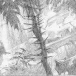 a prehistorical jungle with astronauts walking through