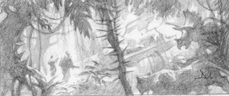 a prehistorical jungle with astronauts walking through