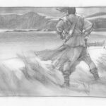 Greg Manchess drawing of a man in tunic standing on an Irish sea cliff.