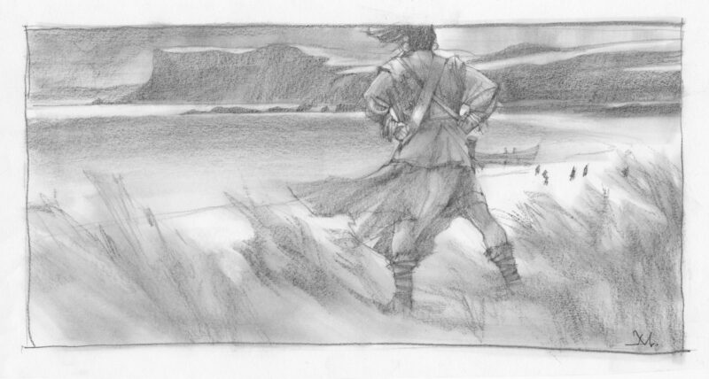 Greg Manchess drawing of a man in tunic standing on an Irish sea cliff.