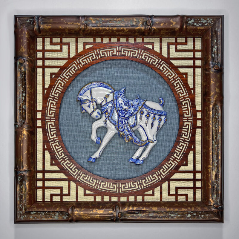 Framed Blue and White Faux Porcelain Horse